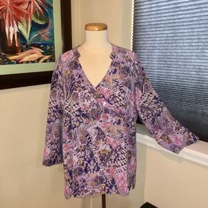 Tianello Washable Silk Lilac Print "Endura" Diva Mandarin Style Blouse - L